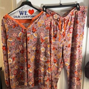 Duluth Trading Co Floral Pajama Set with Orange Trim